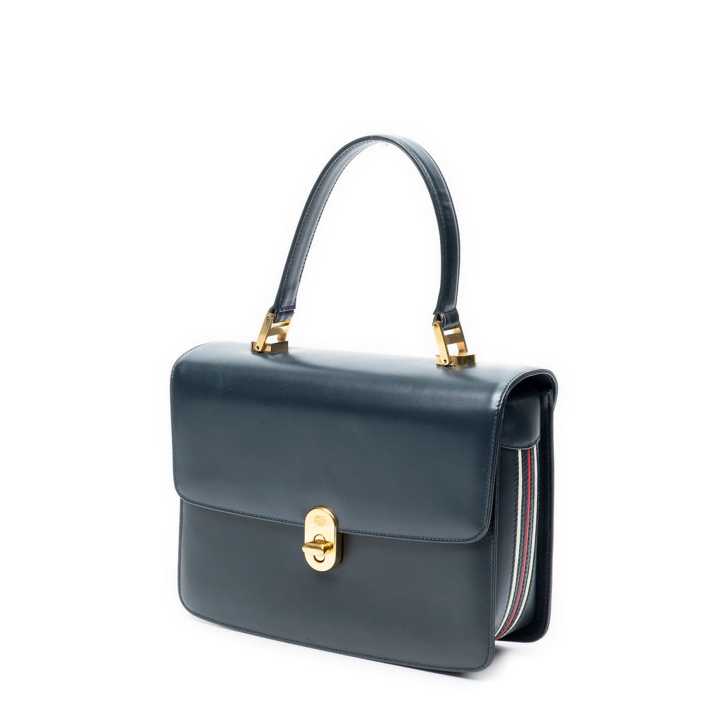 Shoulder Bag Vintage Turn Lock Flap Top Handle Navy Smooth Leather