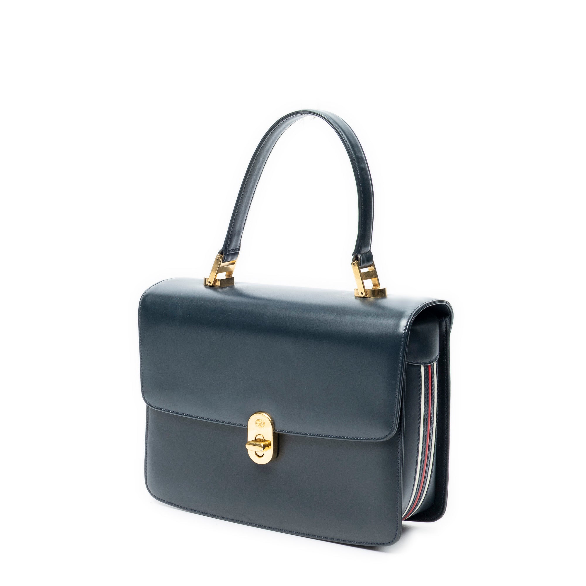 Shoulder Bag Vintage Turn Lock Flap Top Handle Navy Smooth Leather