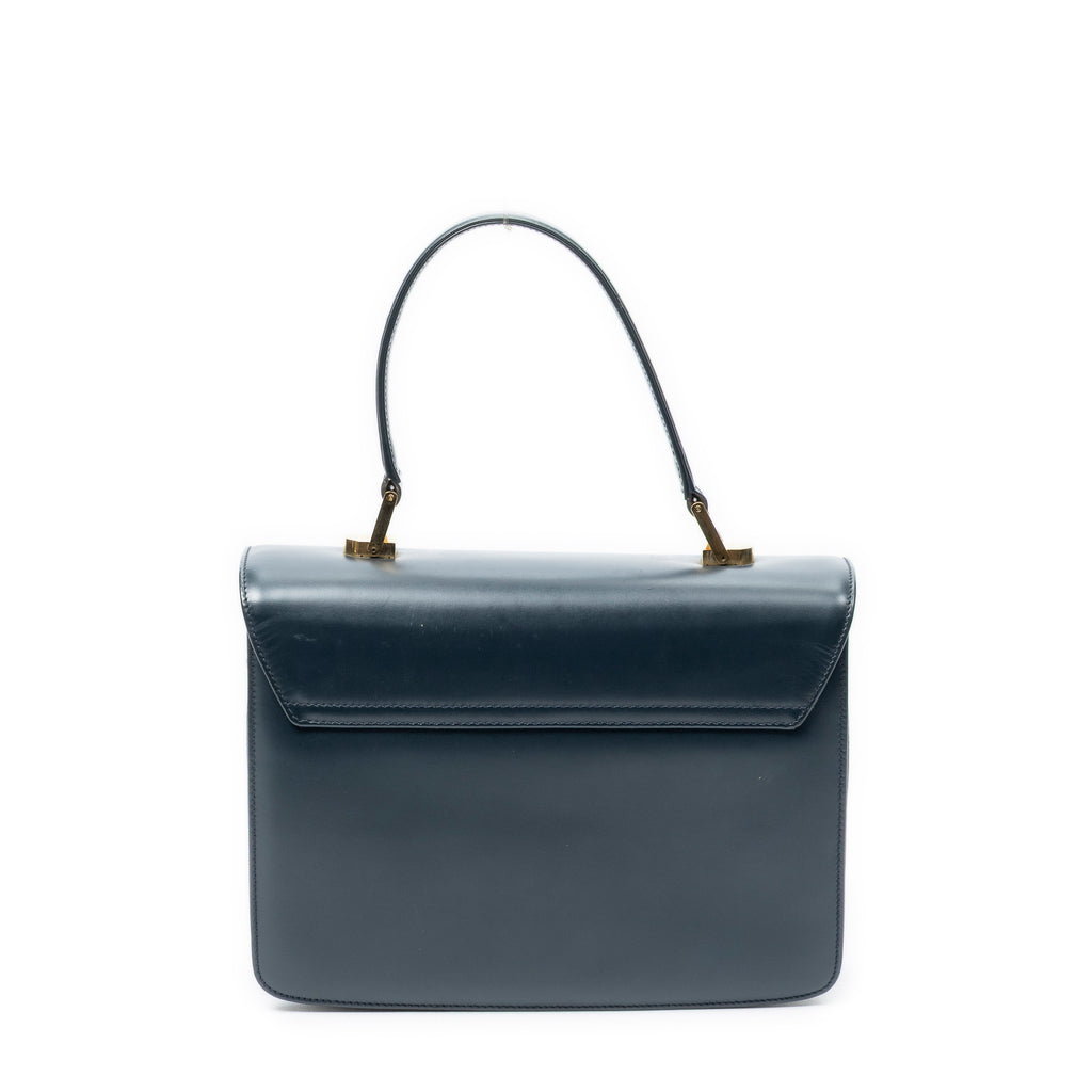 Shoulder Bag Vintage Turn Lock Flap Top Handle Navy Smooth Leather