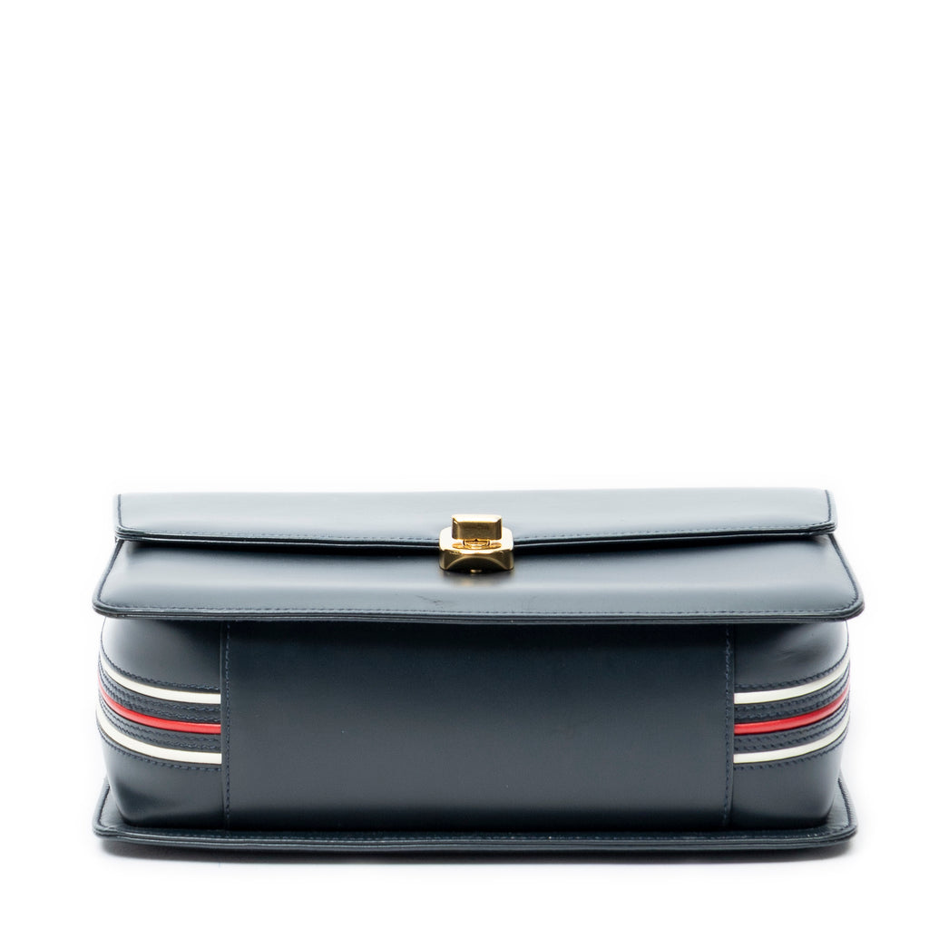 Shoulder Bag Vintage Turn Lock Flap Top Handle Navy Smooth Leather