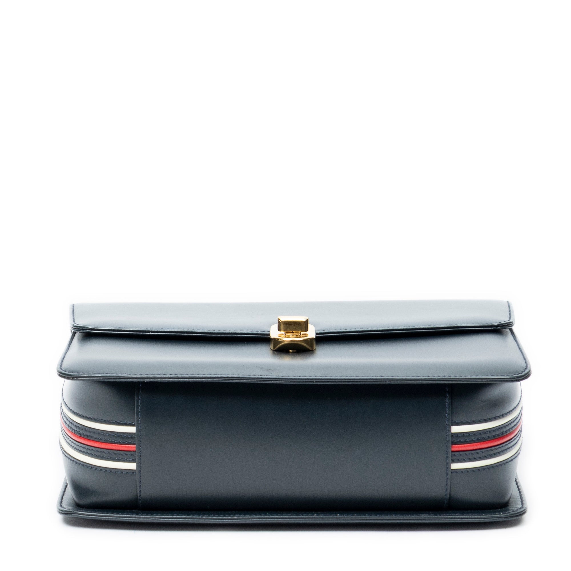 Shoulder Bag Vintage Turn Lock Flap Top Handle Navy Smooth Leather
