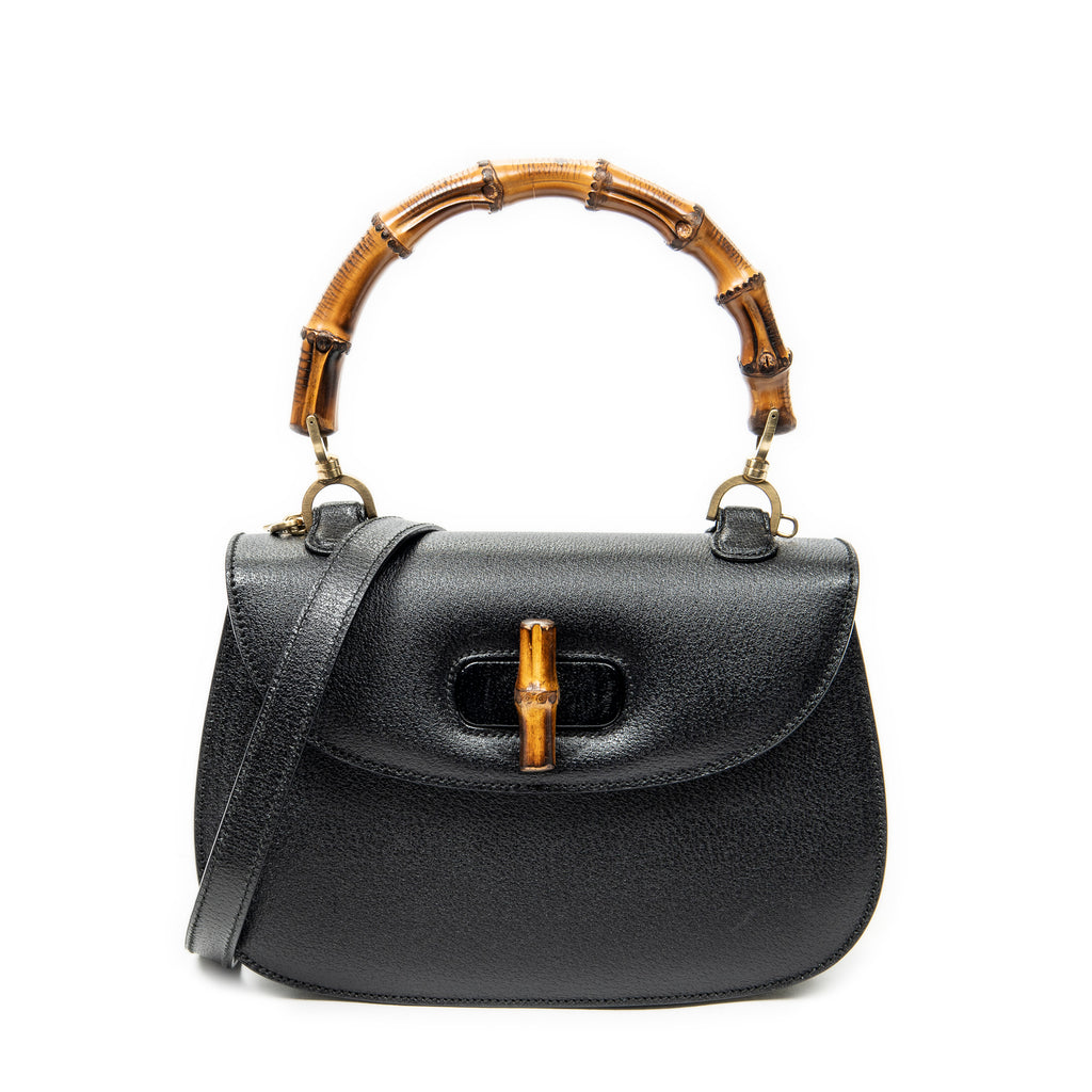 Shoulder Bag Medium Bamboo Top Handle Flap Black Grained Calfskin Leather