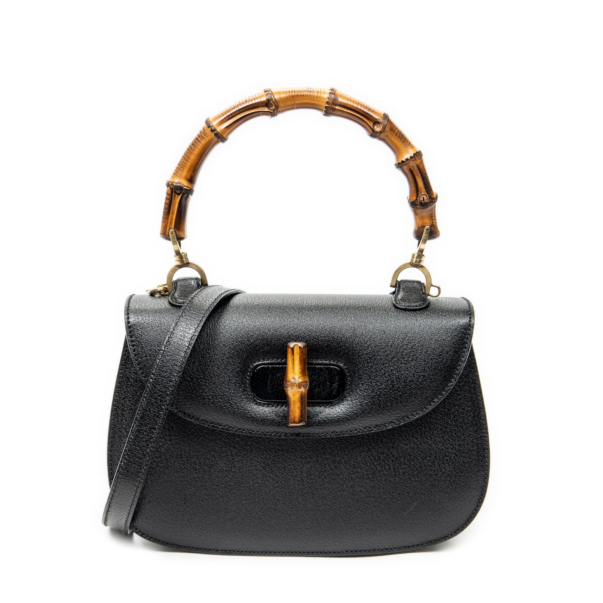Shoulder Bag Medium Bamboo Top Handle Flap Black Grained Calfskin Leather