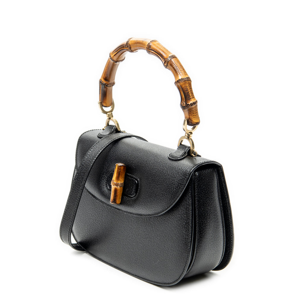 Shoulder Bag Medium Bamboo Top Handle Flap Black Grained Calfskin Leather