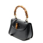 Shoulder Bag Medium Bamboo Top Handle Flap Black Grained Calfskin Leather