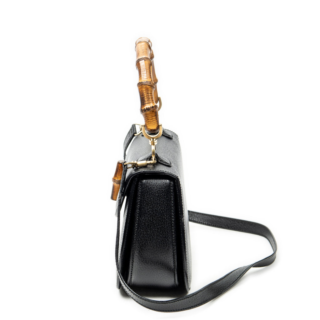 Shoulder Bag Medium Bamboo Top Handle Flap Black Grained Calfskin Leather