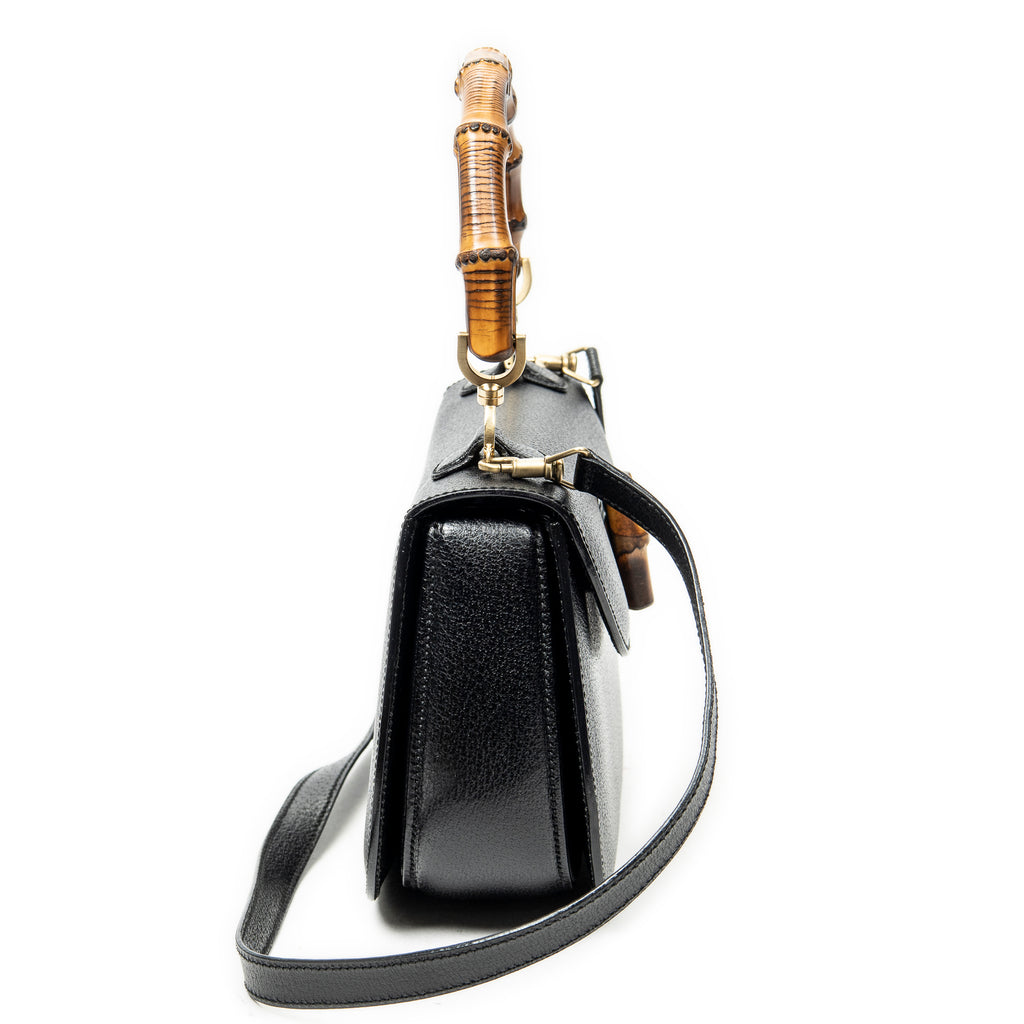 Shoulder Bag Medium Bamboo Top Handle Flap Black Grained Calfskin Leather