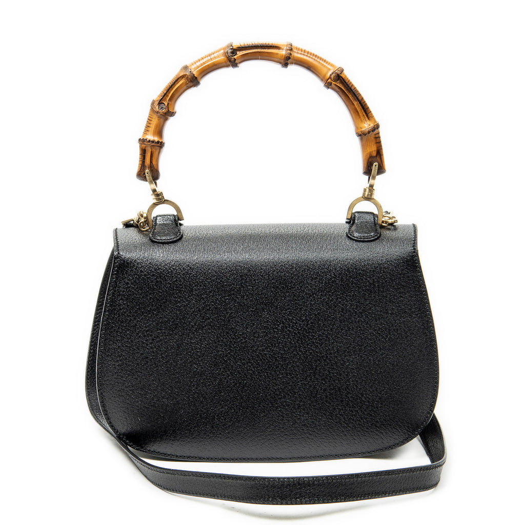 Shoulder Bag Medium Bamboo Top Handle Flap Black Grained Calfskin Leather