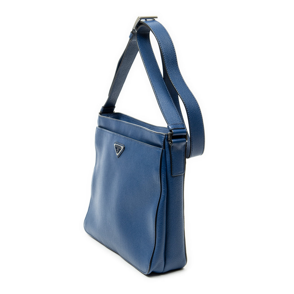 Shoulder Bag Square Slip Pocket Messenger Blue Vitello Phenix Leather
