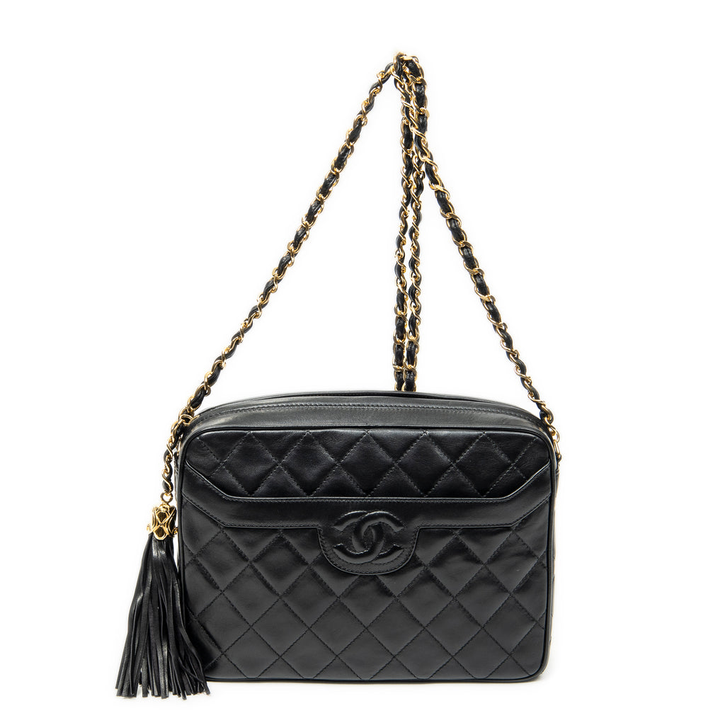 Shoulder Bag CC Tassel Camera Bag Black Quilted Lambskin Leather