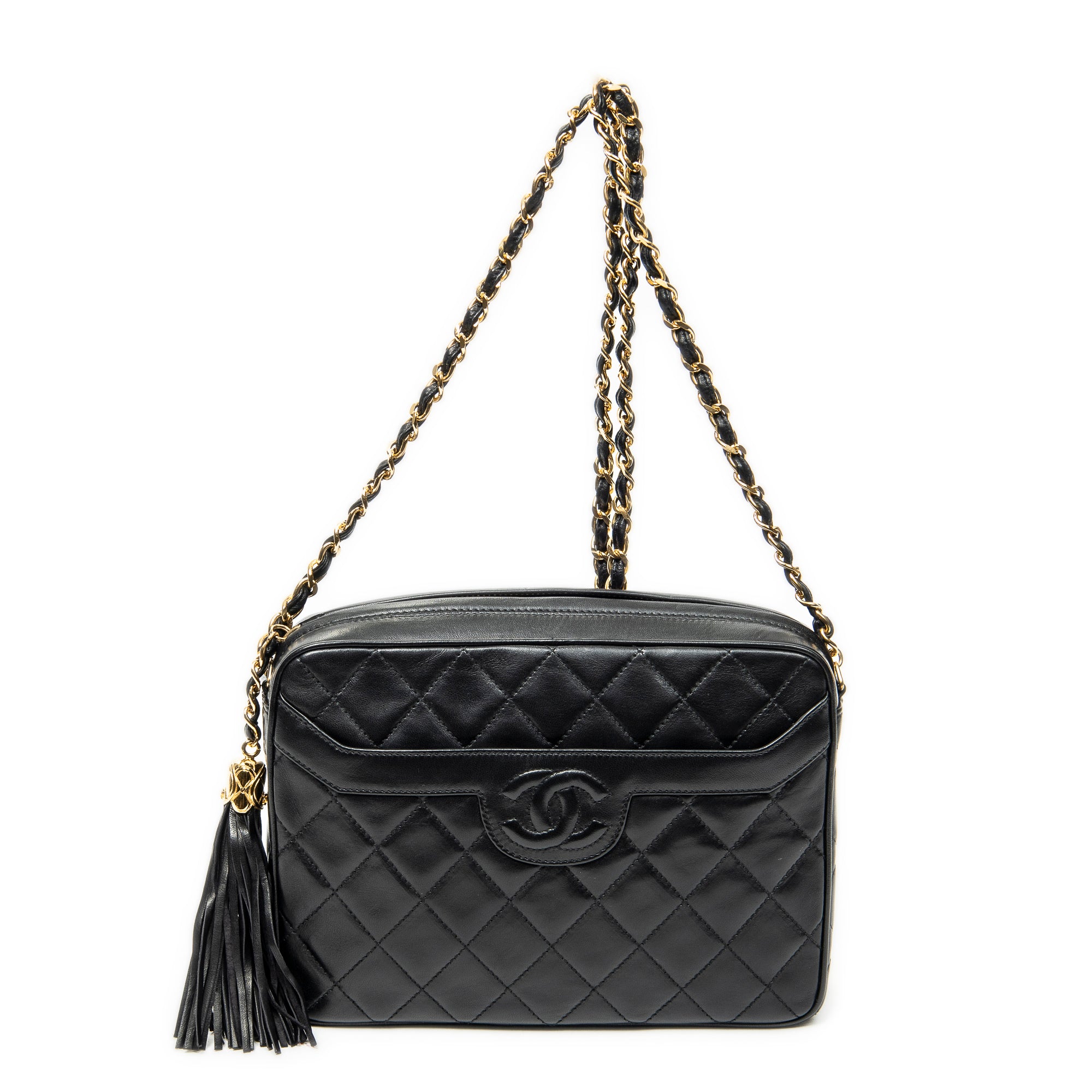 Shoulder Bag CC Tassel Camera Bag Black Quilted Lambskin Leather