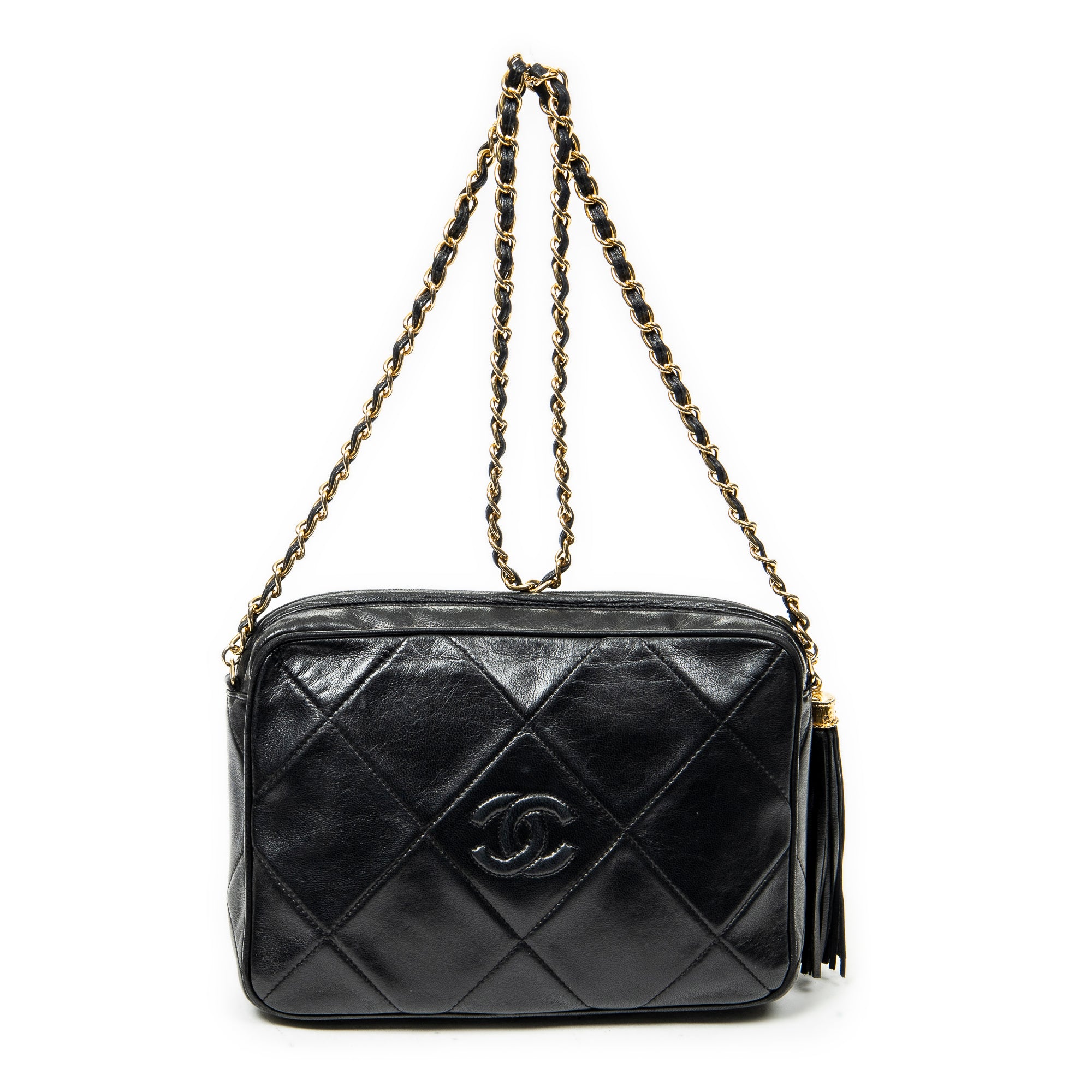 Shoulder Bag CC Tassel Camera Bag Black Diamond Quilted Lambskin Leather