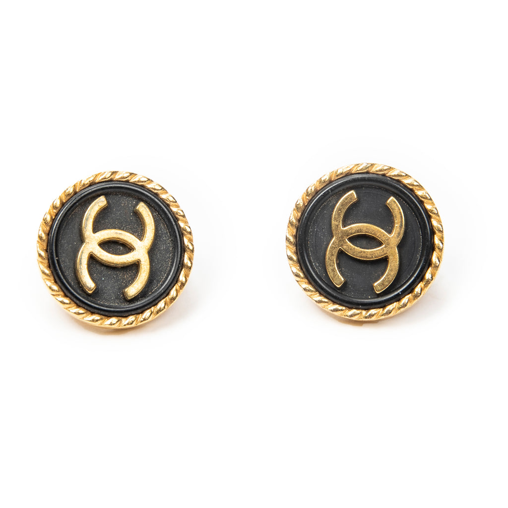 Earrings CC Button Clip On Earrings Black Gold Plated