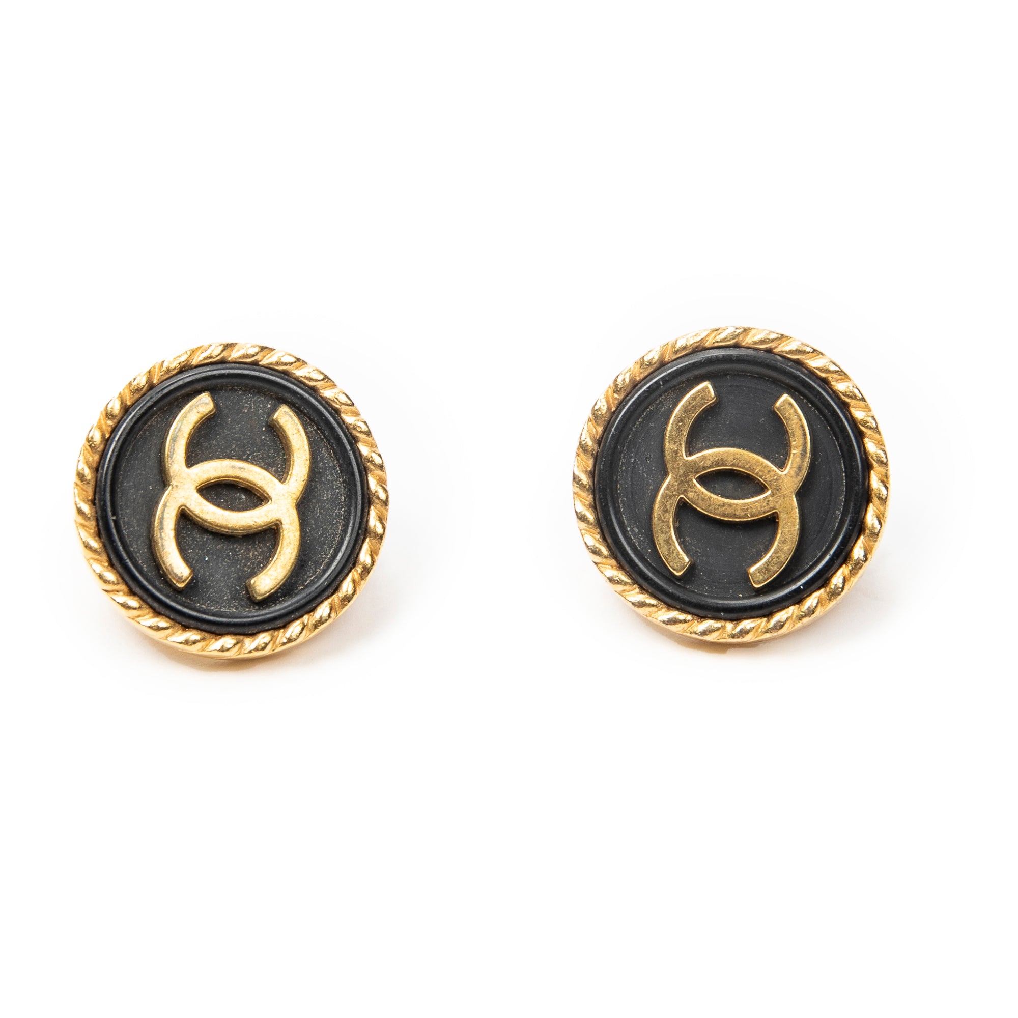 Earrings CC Button Clip On Earrings Black Gold Plated