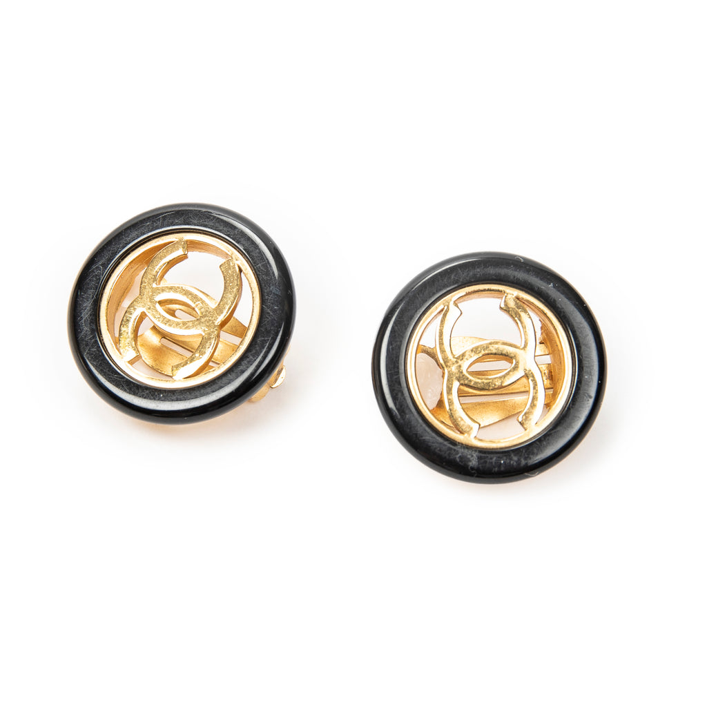 Earrings CC Button Clip On Earrings Black Gold Plated