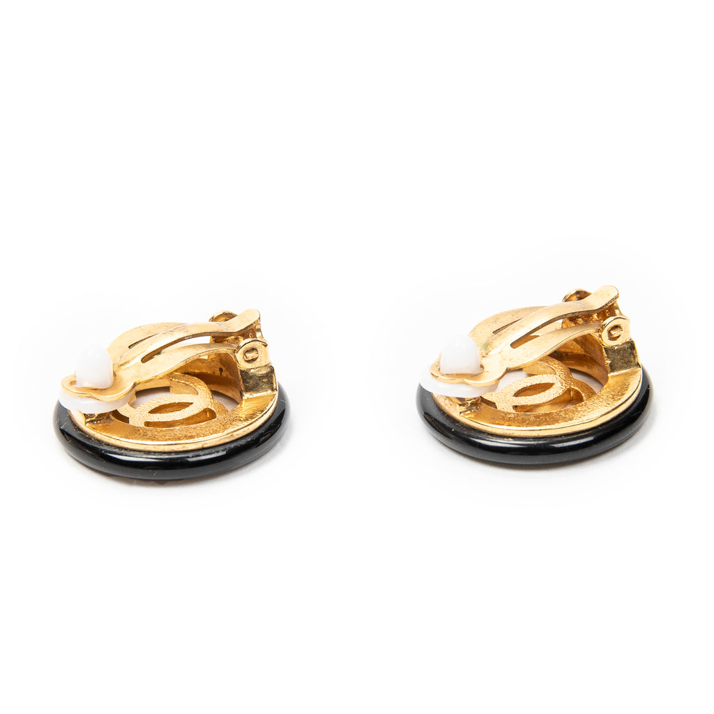 Earrings CC Button Clip On Earrings Black Gold Plated