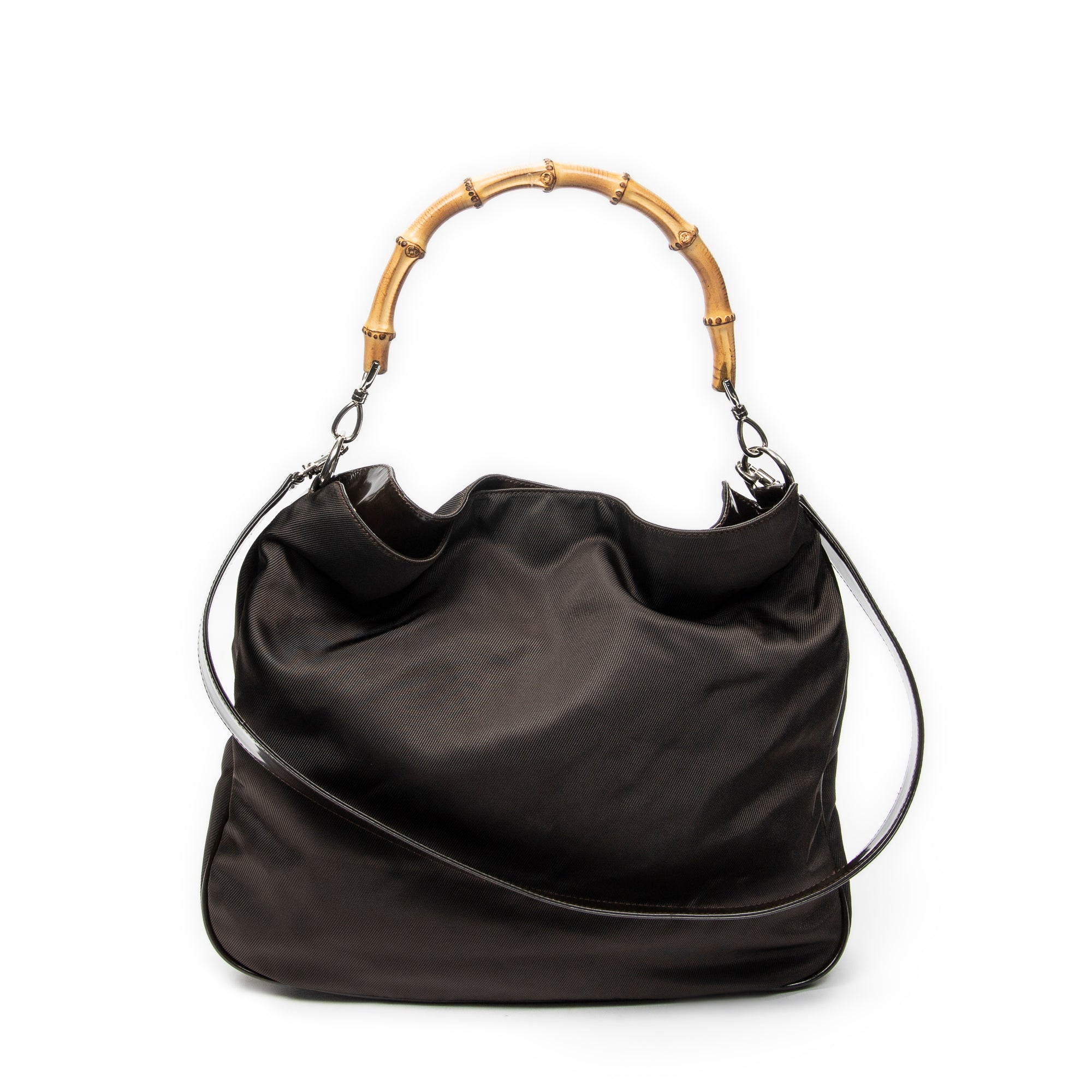 Shoulder Bag Large Bamboo Hobo Brown Nylon Canvas