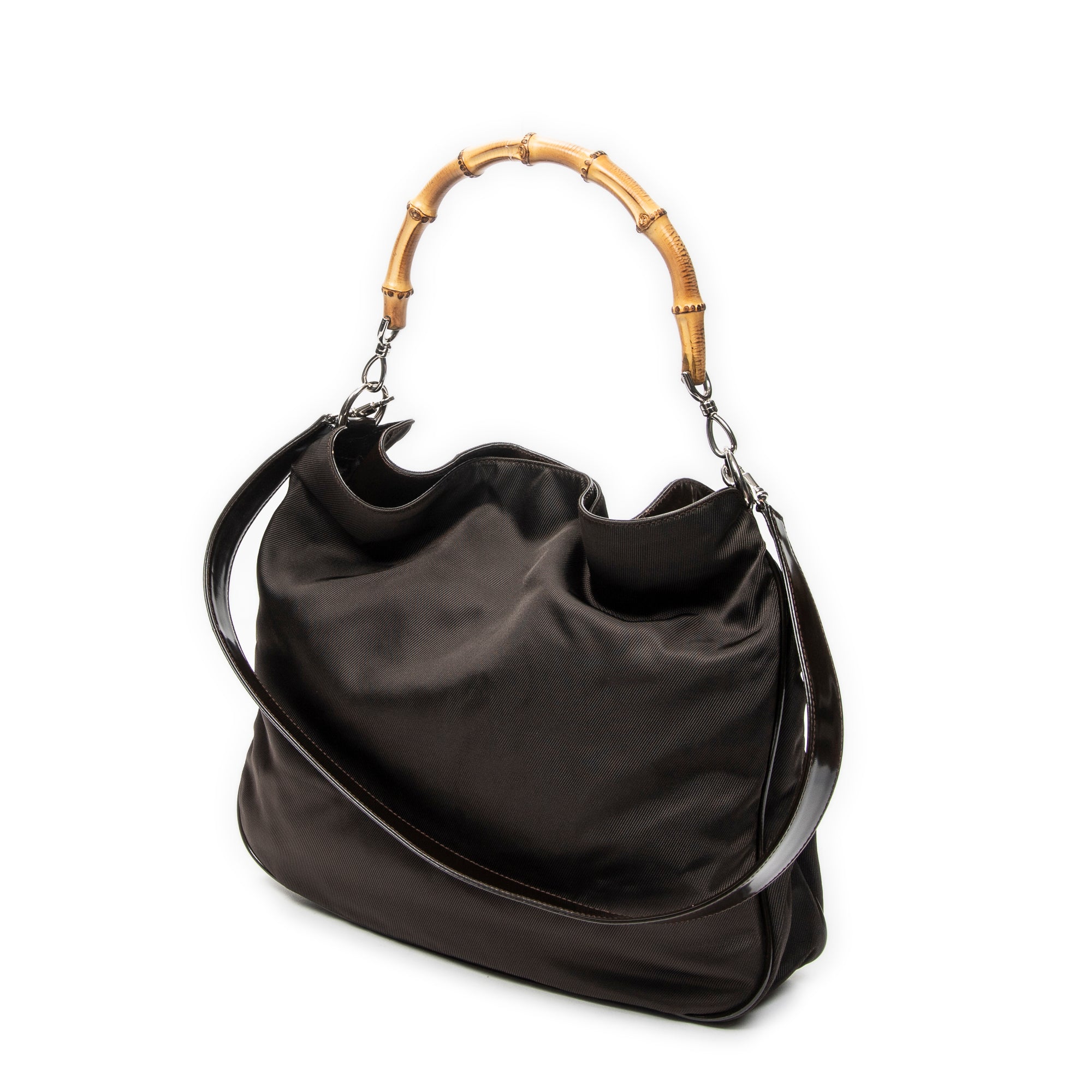 Shoulder Bag Large Bamboo Hobo Brown Nylon Canvas