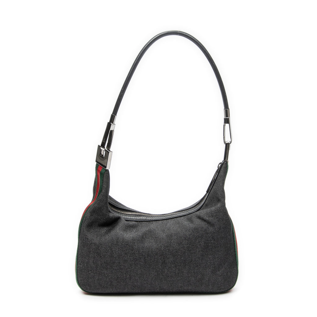 Shoulder Bag Mini Web Zip Hobo Black Denim Denim Canvas