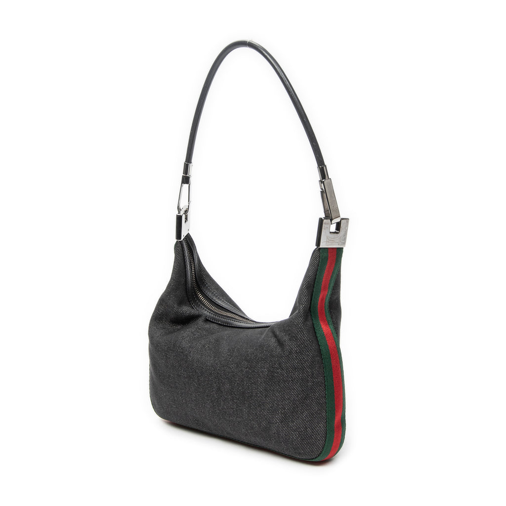 Shoulder Bag Mini Web Zip Hobo Black Denim Denim Canvas