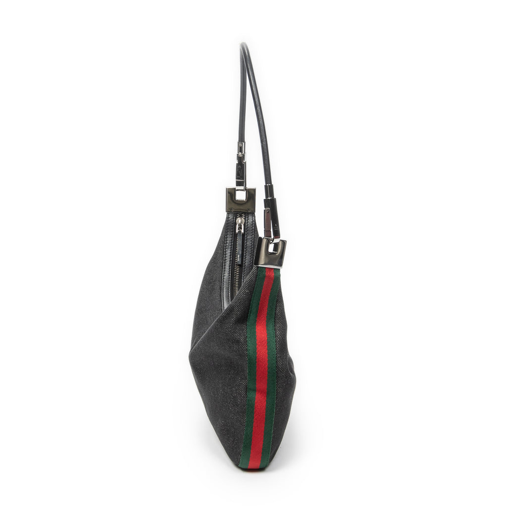 Shoulder Bag Mini Web Zip Hobo Black Denim Denim Canvas