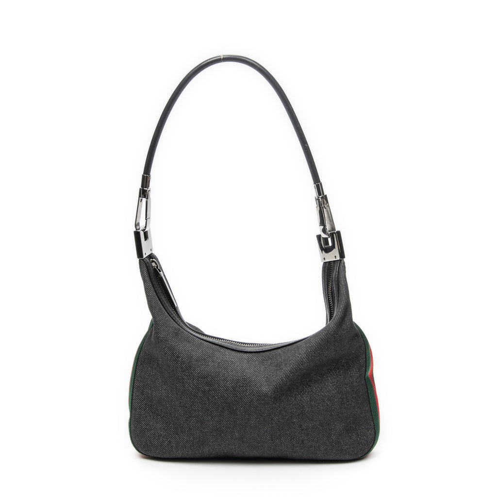 Shoulder Bag Mini Web Zip Hobo Black Denim Denim Canvas