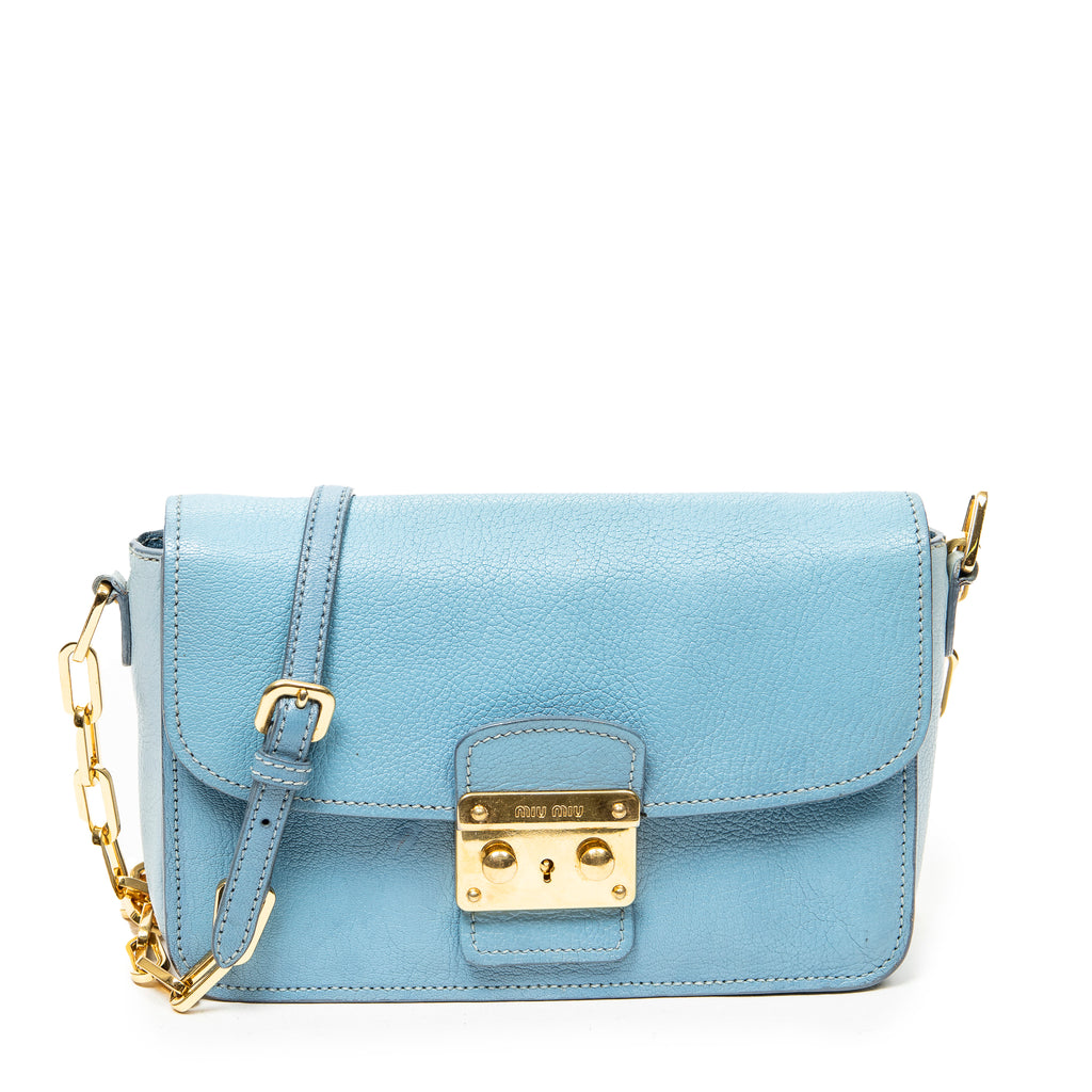 Shoulder Bag Pushlock Flap Chain Crossbody Light Blue Madras Leather