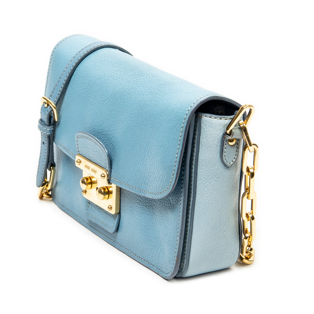 Shoulder Bag Pushlock Flap Chain Crossbody Light Blue Madras Leather