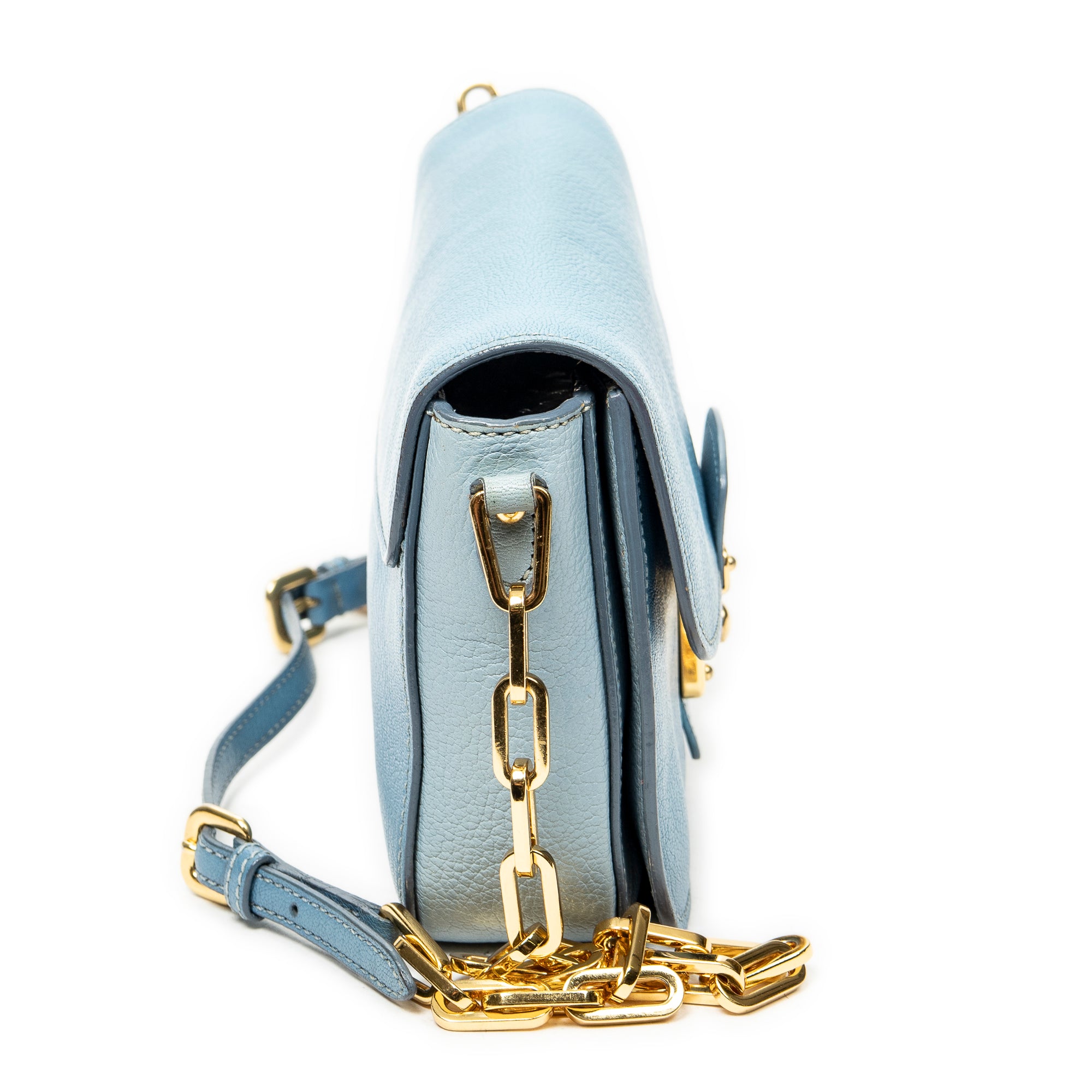 Shoulder Bag Pushlock Flap Chain Crossbody Light Blue Madras Leather