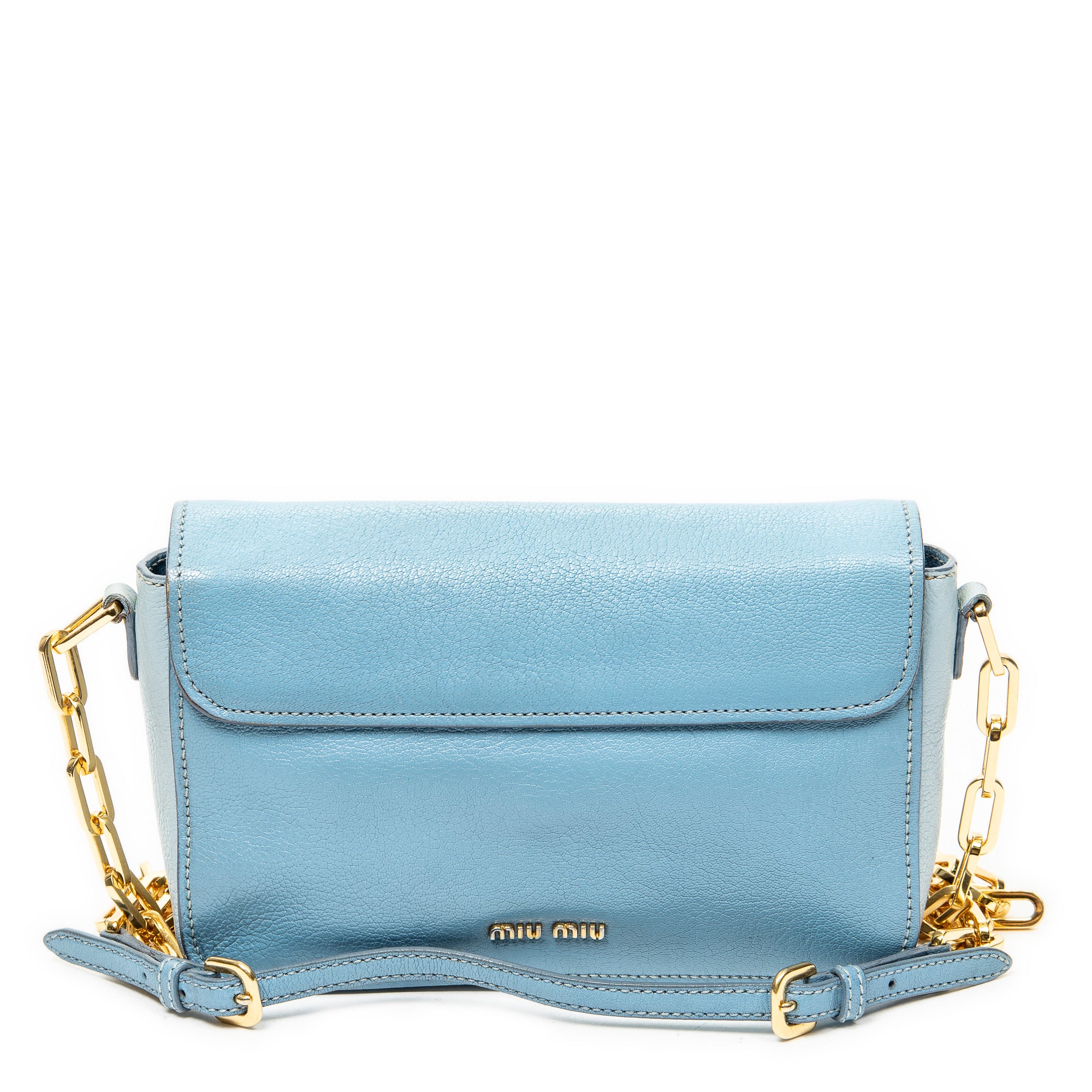 Shoulder Bag Pushlock Flap Chain Crossbody Light Blue Madras Leather