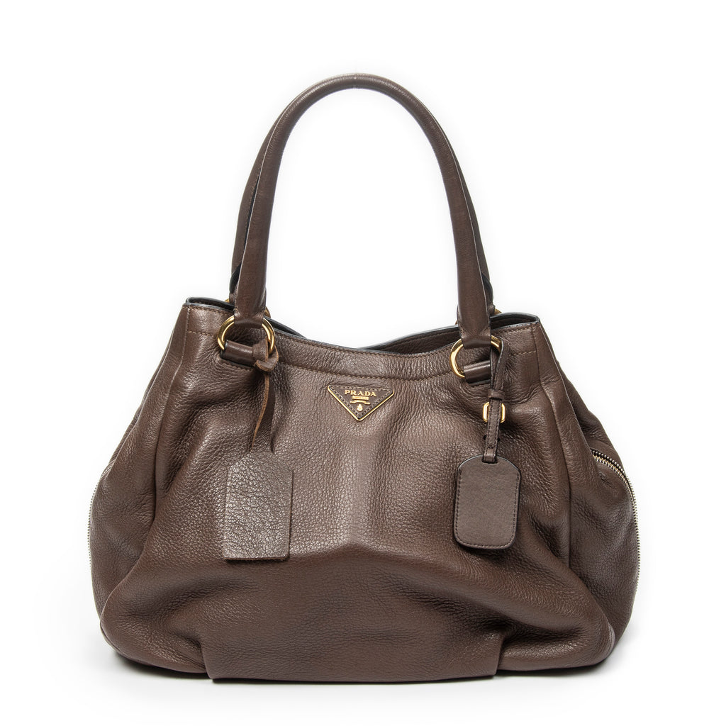 Shoulder Bag Side Zip Tote Brown Vitello Daino Leather