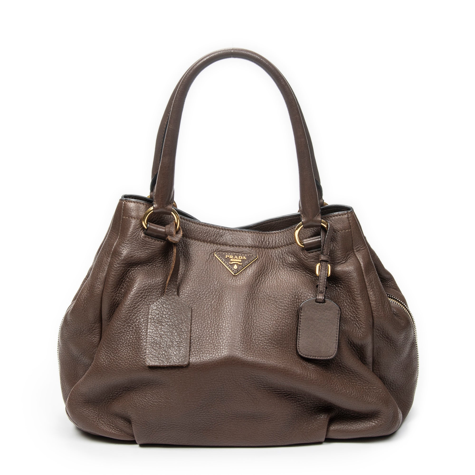 Shoulder Bag Side Zip Tote Brown Vitello Daino Leather