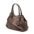 Shoulder Bag Side Zip Tote Brown Vitello Daino Leather