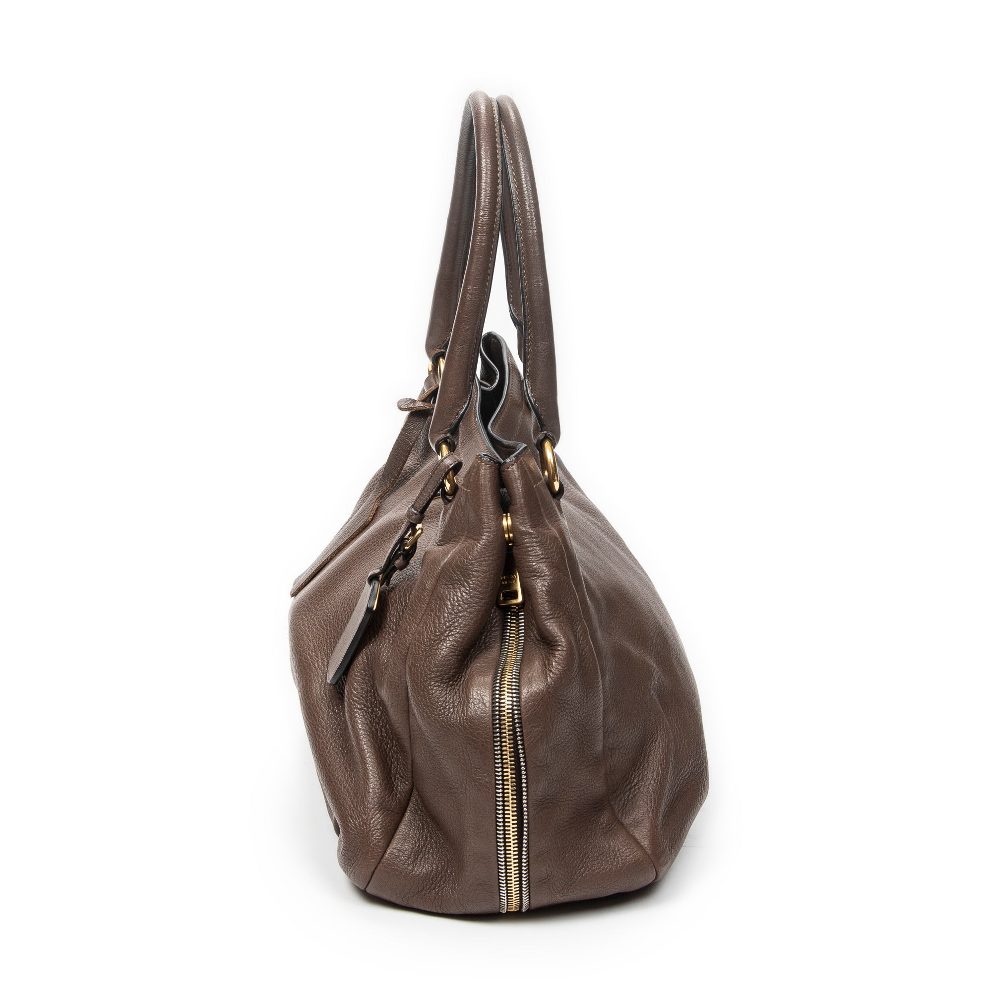 Shoulder Bag Side Zip Tote Brown Vitello Daino Leather