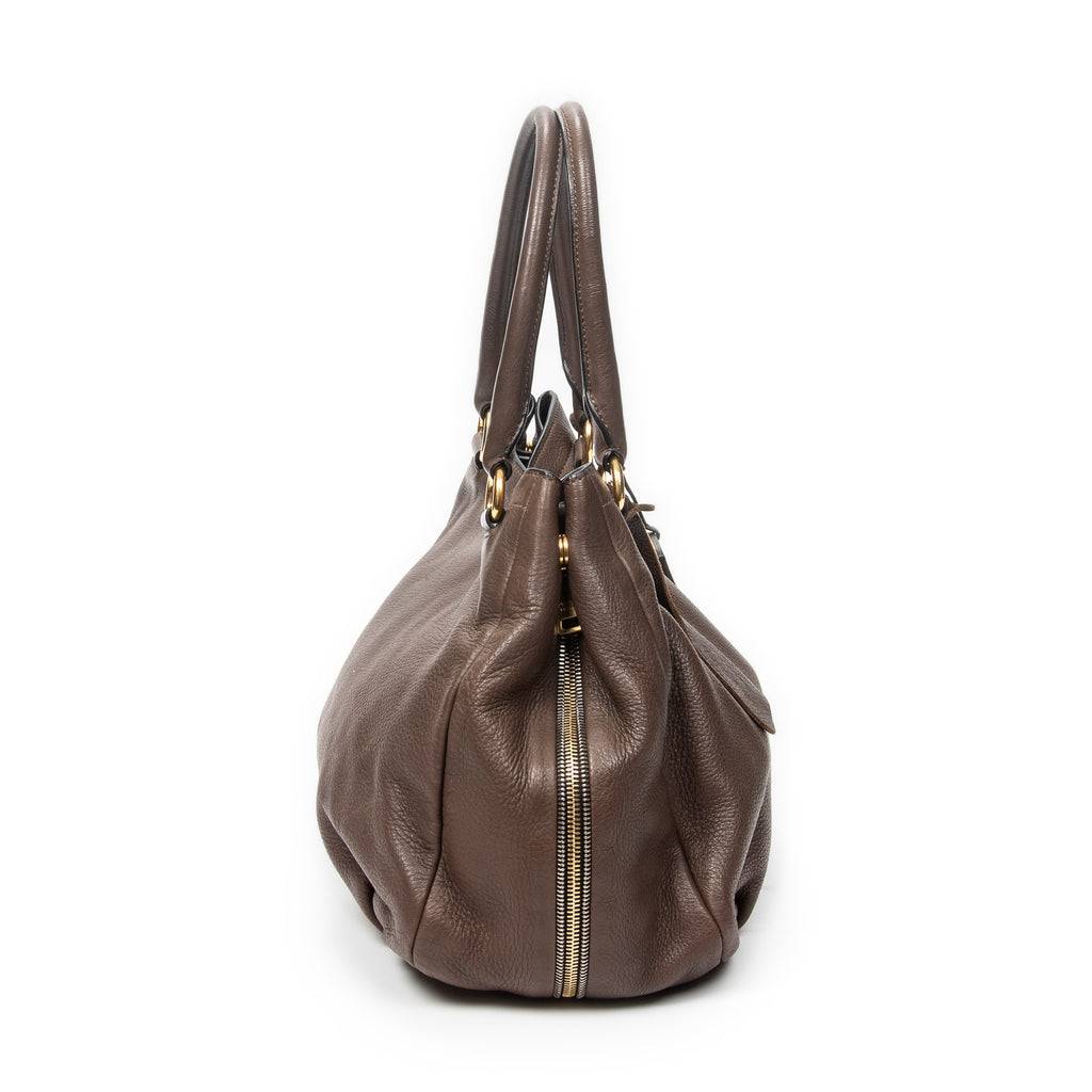 Shoulder Bag Side Zip Tote Brown Vitello Daino Leather