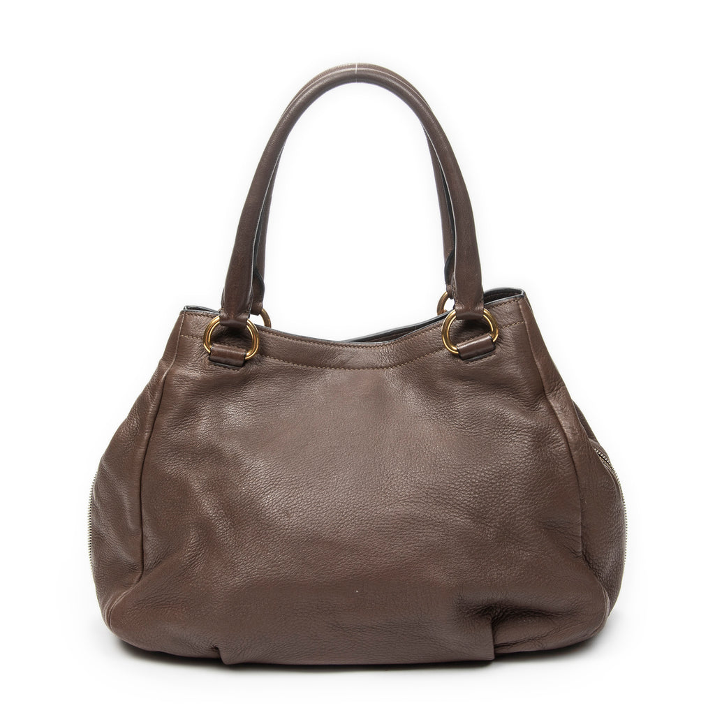Shoulder Bag Side Zip Tote Brown Vitello Daino Leather