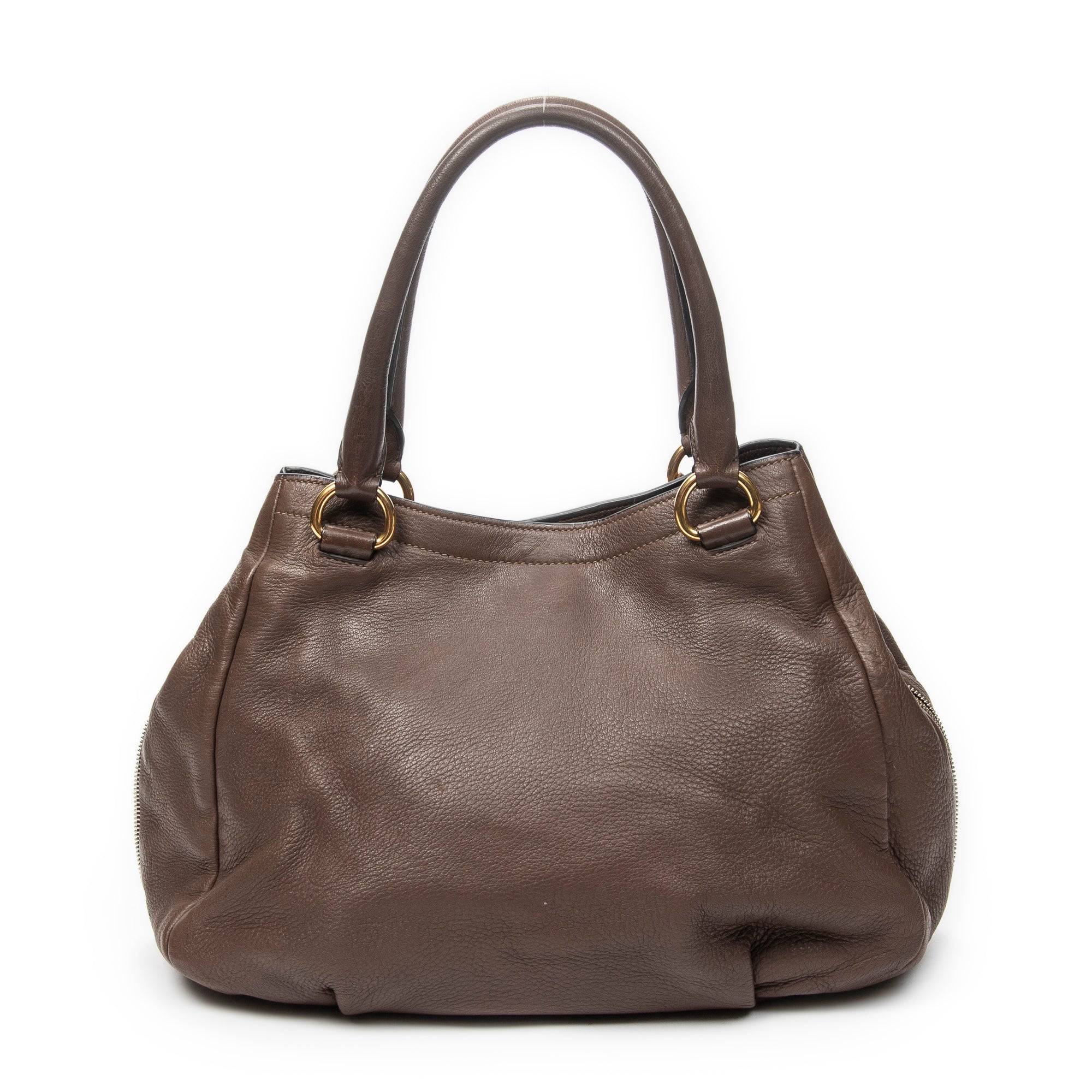 Shoulder Bag Side Zip Tote Brown Vitello Daino Leather