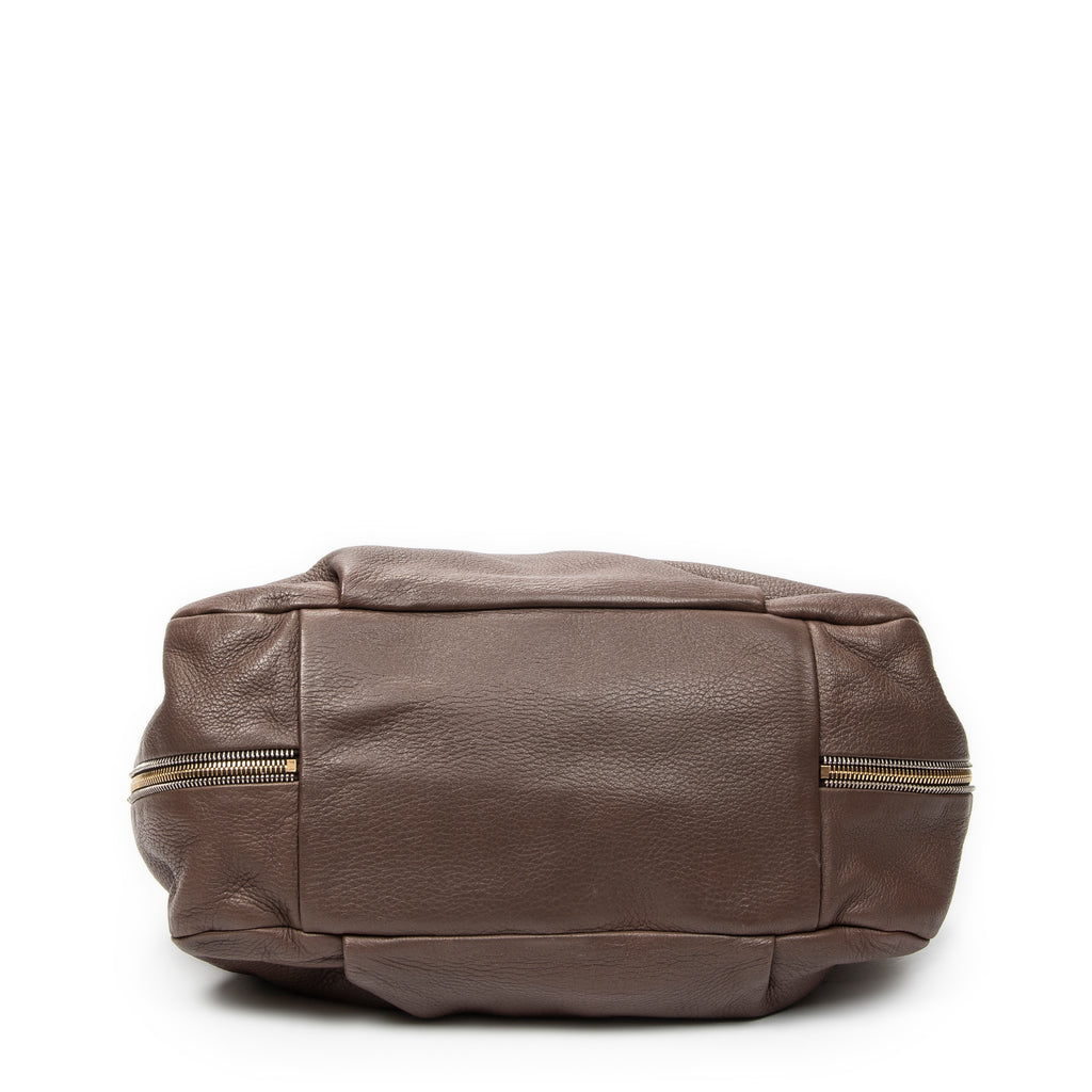 Shoulder Bag Side Zip Tote Brown Vitello Daino Leather