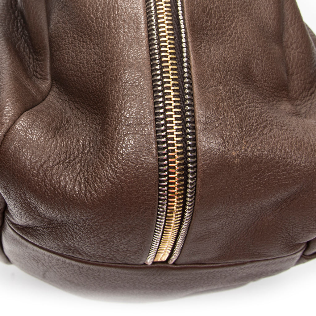 Shoulder Bag Side Zip Tote Brown Vitello Daino Leather