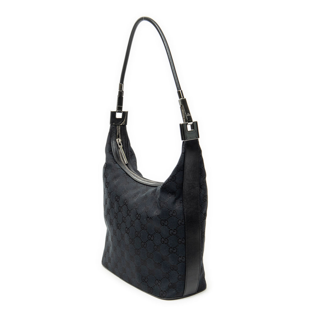 Bandolera Hobo con Cremallera Lona Negra Monogramada
