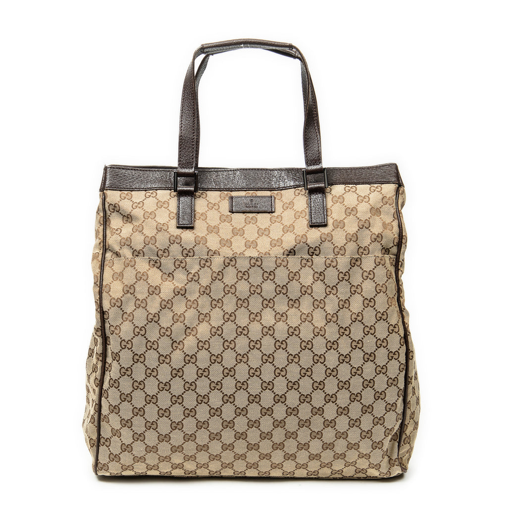 Handbag Front Pocket Shopping Tote Beige Monogrammed Canvas