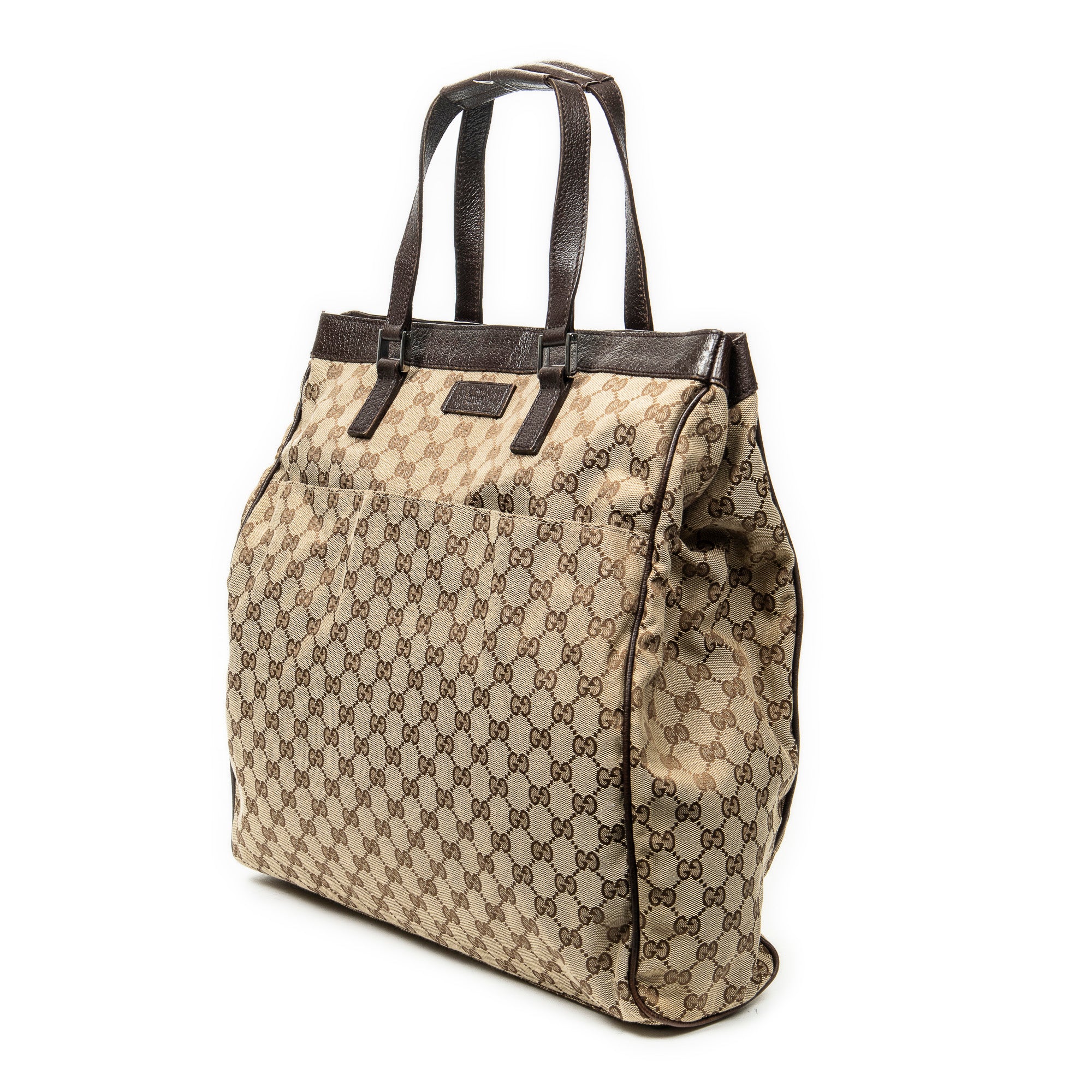 Handbag Front Pocket Shopping Tote Beige Monogrammed Canvas