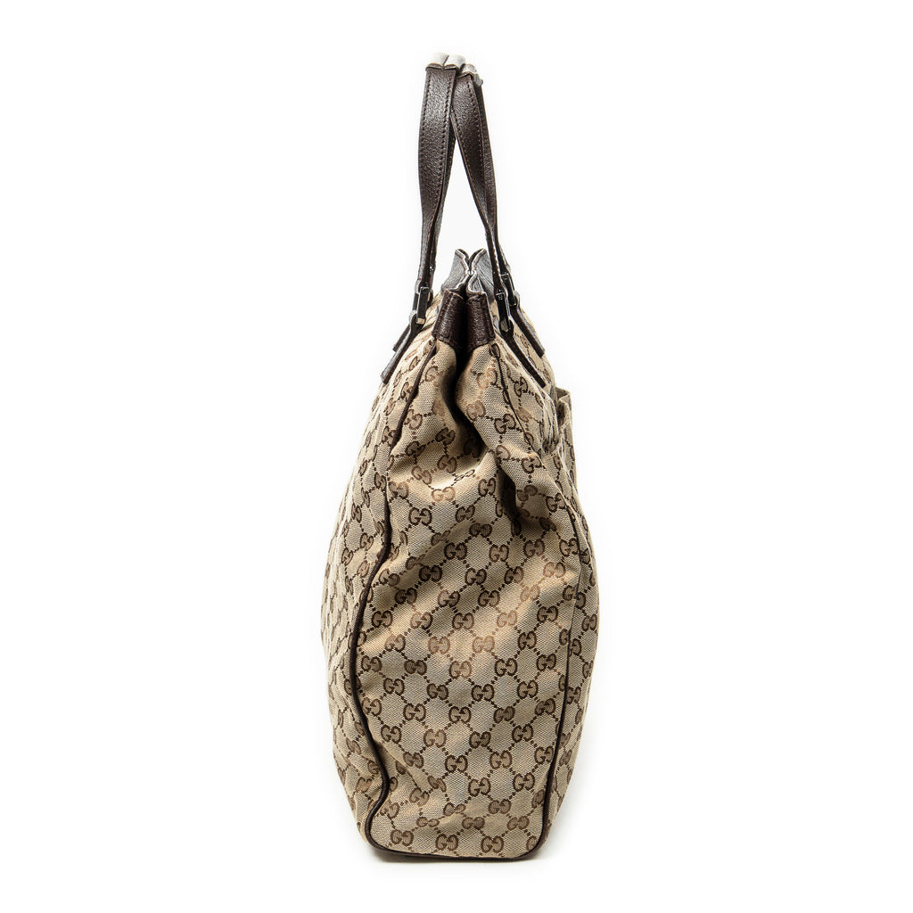Handbag Front Pocket Shopping Tote Beige Monogrammed Canvas