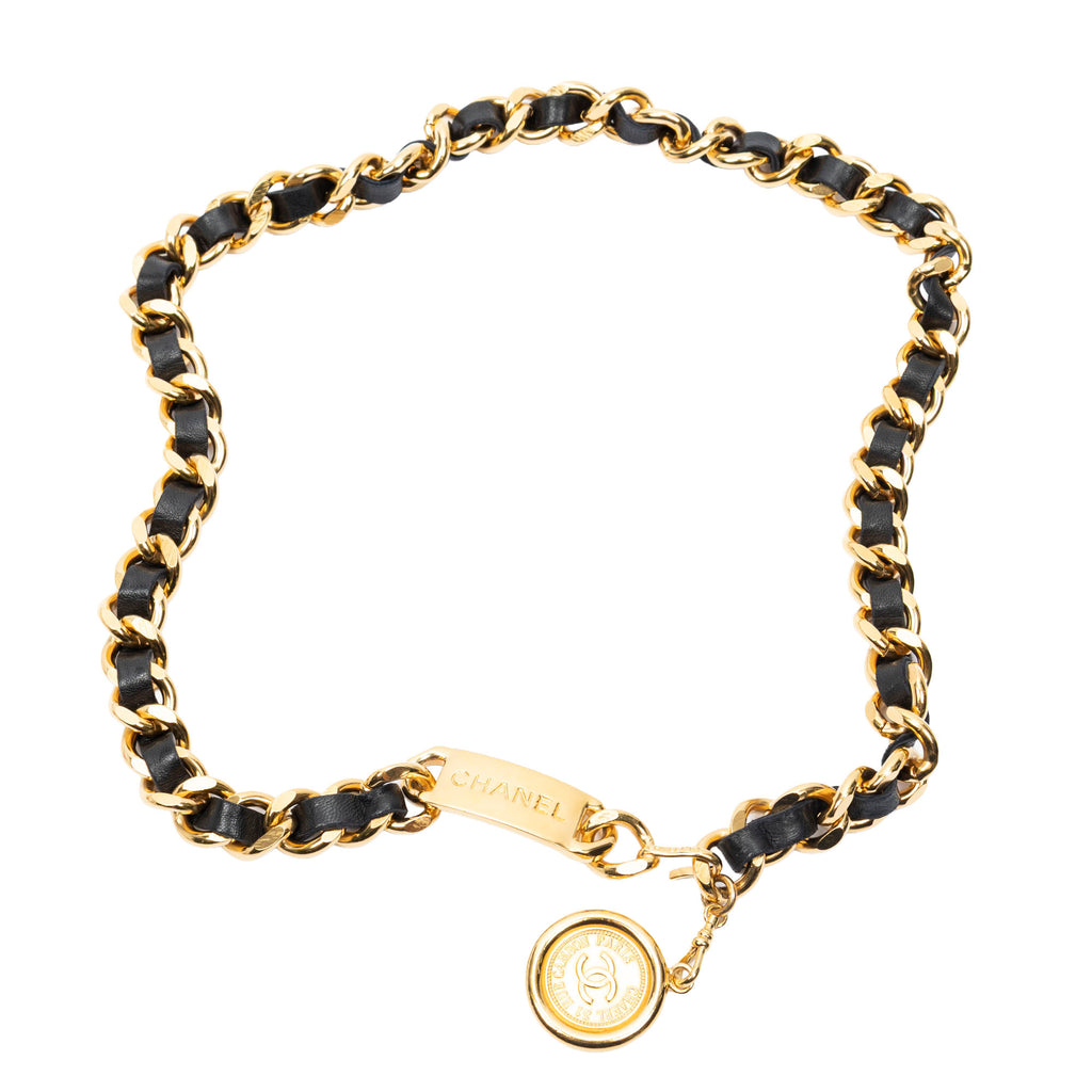 Belt CC Medallion Leather Chain Belt Black Gold Plated