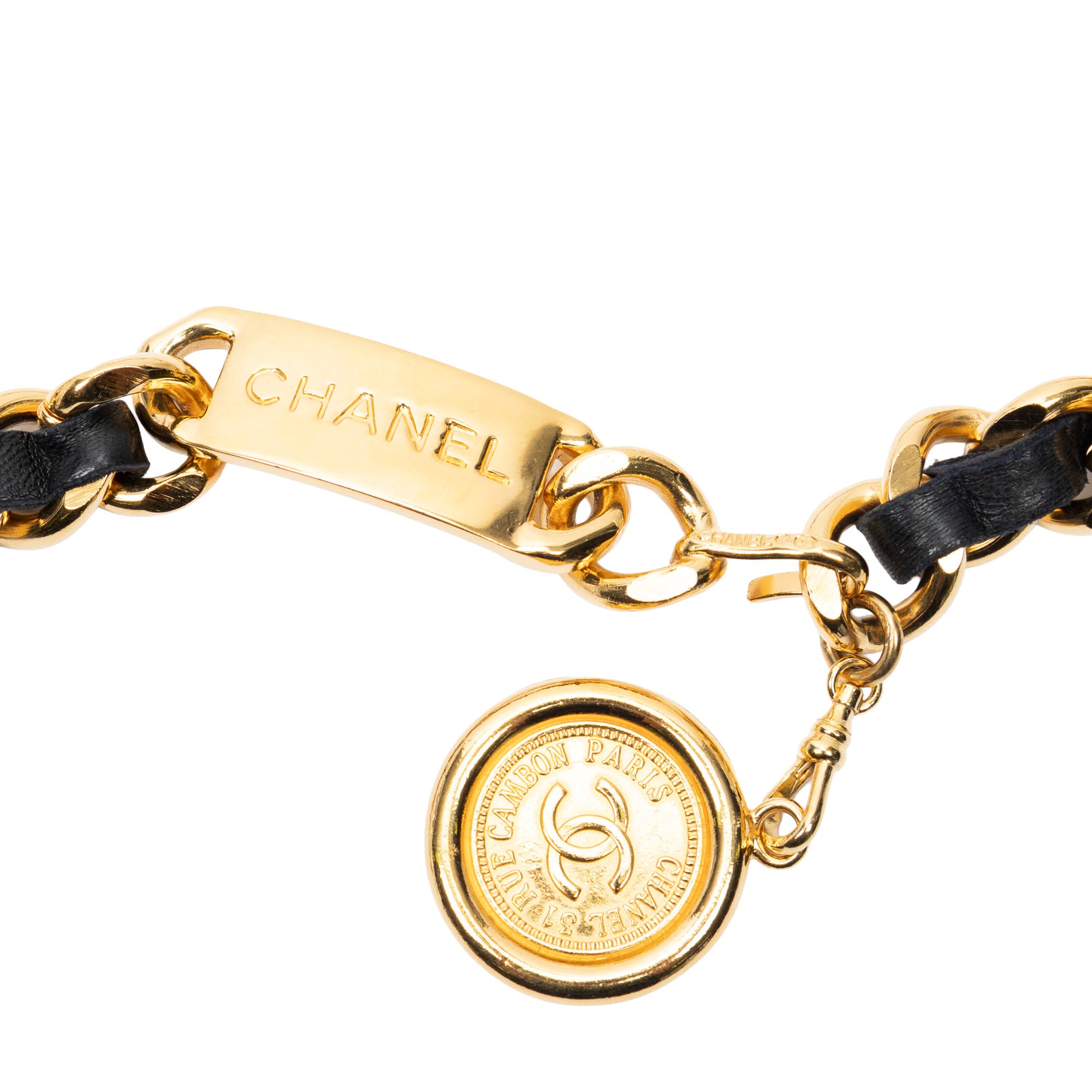 Belt CC Medallion Leather Chain Belt Black Gold Plated