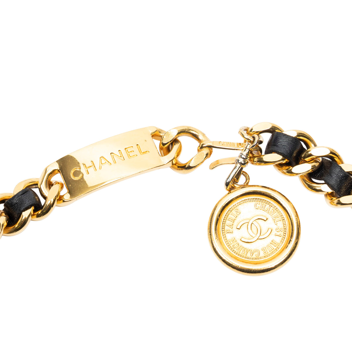 Belt CC Medallion Leather Chain Belt Black Gold Plated