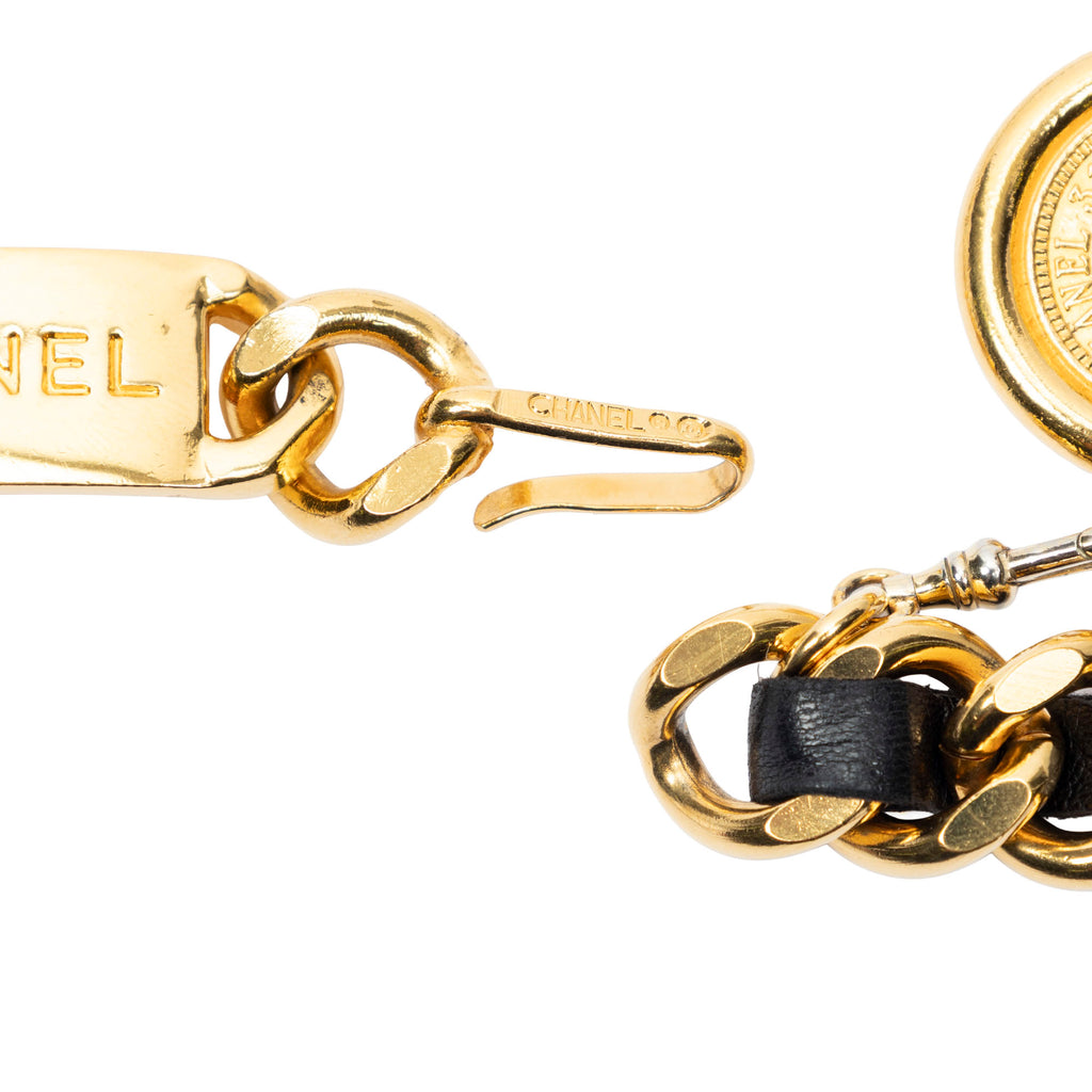 Belt CC Medallion Leather Chain Belt Black Gold Plated