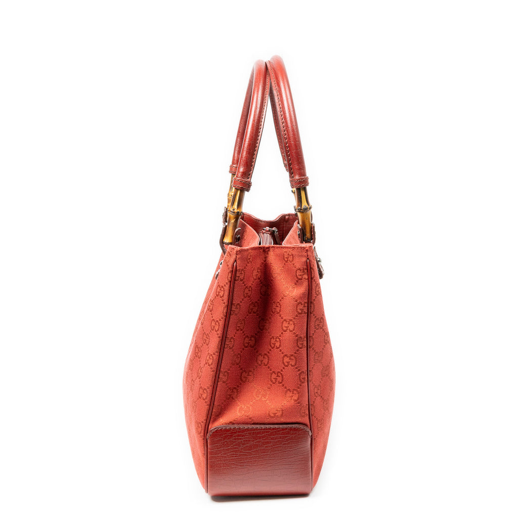 Shoulder Bag Square Bamboo Classic Tote Red Monogrammed Canvas