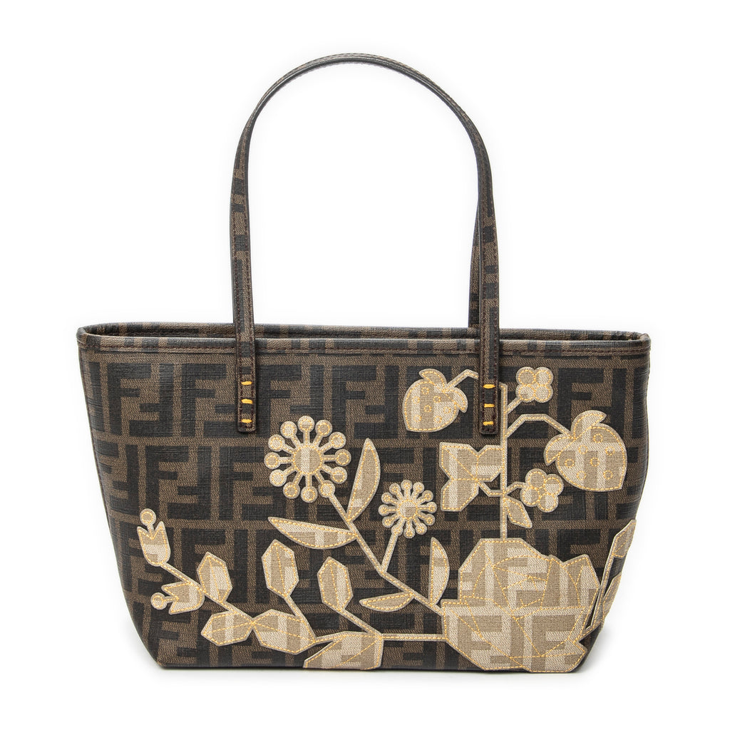 Handbag Small Embroidered Roll Tote Brown Zucca Coated Canvas