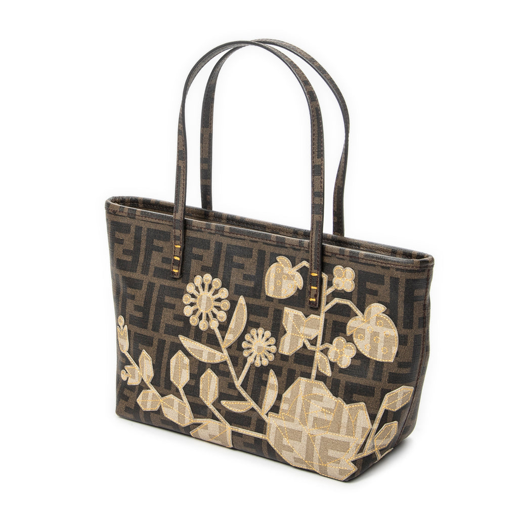 Handbag Small Embroidered Roll Tote Brown Zucca Coated Canvas